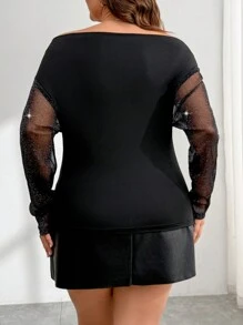 SHEIN Essnce Blusa de manga larga negra con hombros descubiertos, elegante y cómoda, de tela brillante para mujeres de talla grande, ideal para primavera y otoño, para fiestas, citas o el Día de San Valentín