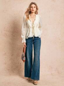 Poéselle Women's Drawstring At Waist Apricot Chiffon Lace-Up Flowing Ruffle Solid Color Long Sleeve Simple Fashion Casual Daily Blouse