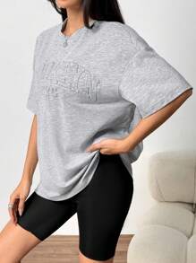 SHEIN EZwear 夏季上衣 粉色纯色字母压花落肩 T 恤 - 灰色 - 查看 4