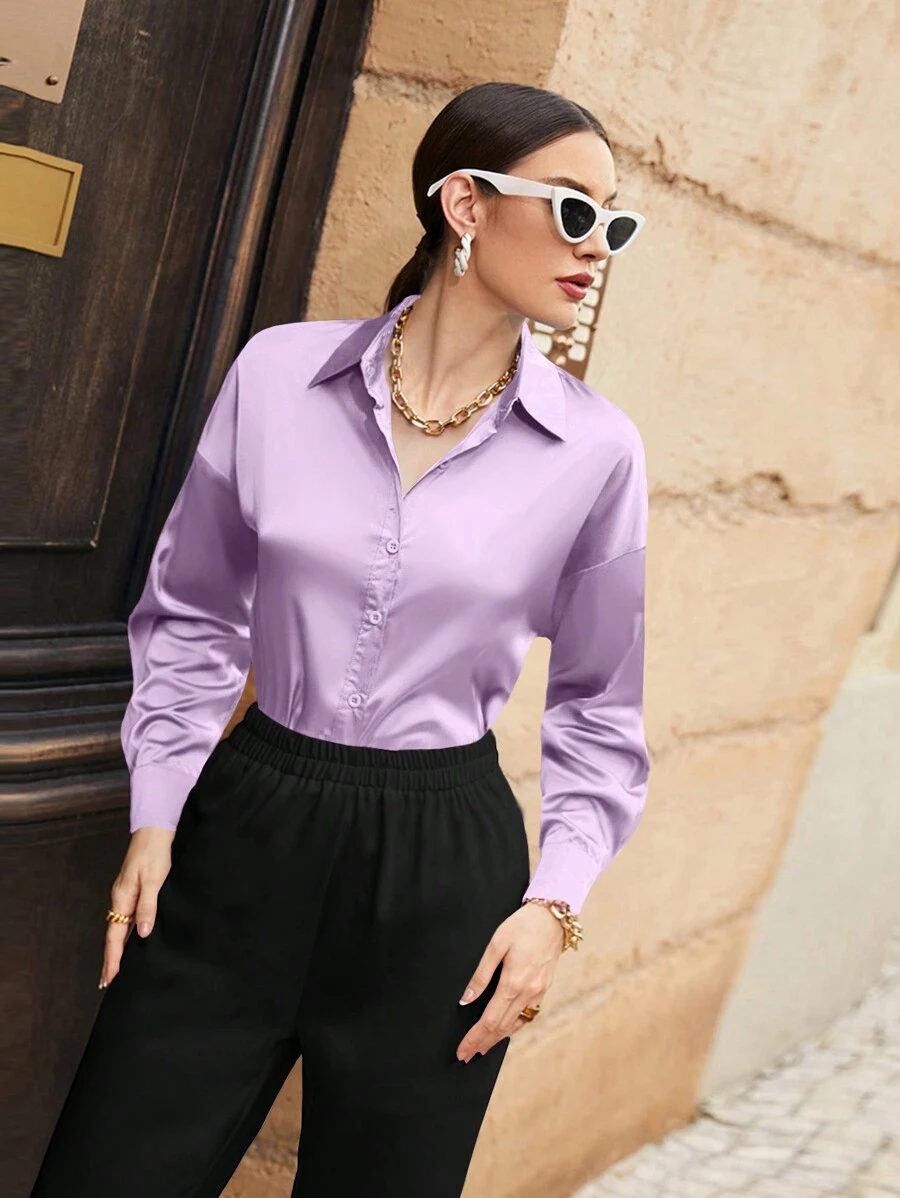 Mulvari Kemeja Lengan Panjang Polos Minimalis untuk Wanita, Cocok untuk Perjalanan Santai di Musim Gugur - Purple - View 1