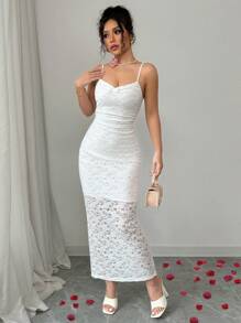 Selianne 女士细肩带褶皱修身连衣裙，优雅 - 白色 - 查看 6