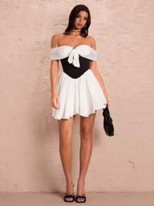 SHEIN BAE Elegant Black And White Summer Princess Dress,Off-Shoulder Bowknot Strap Sweet Girl Fitted Fluffy Birthday Party Dress For Dates&Prom - Black and White - View 4