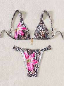 SHEIN Swim Leopard & Floral Print Triangle Cup Bikini Set For Women, For Summer Beach Vacation