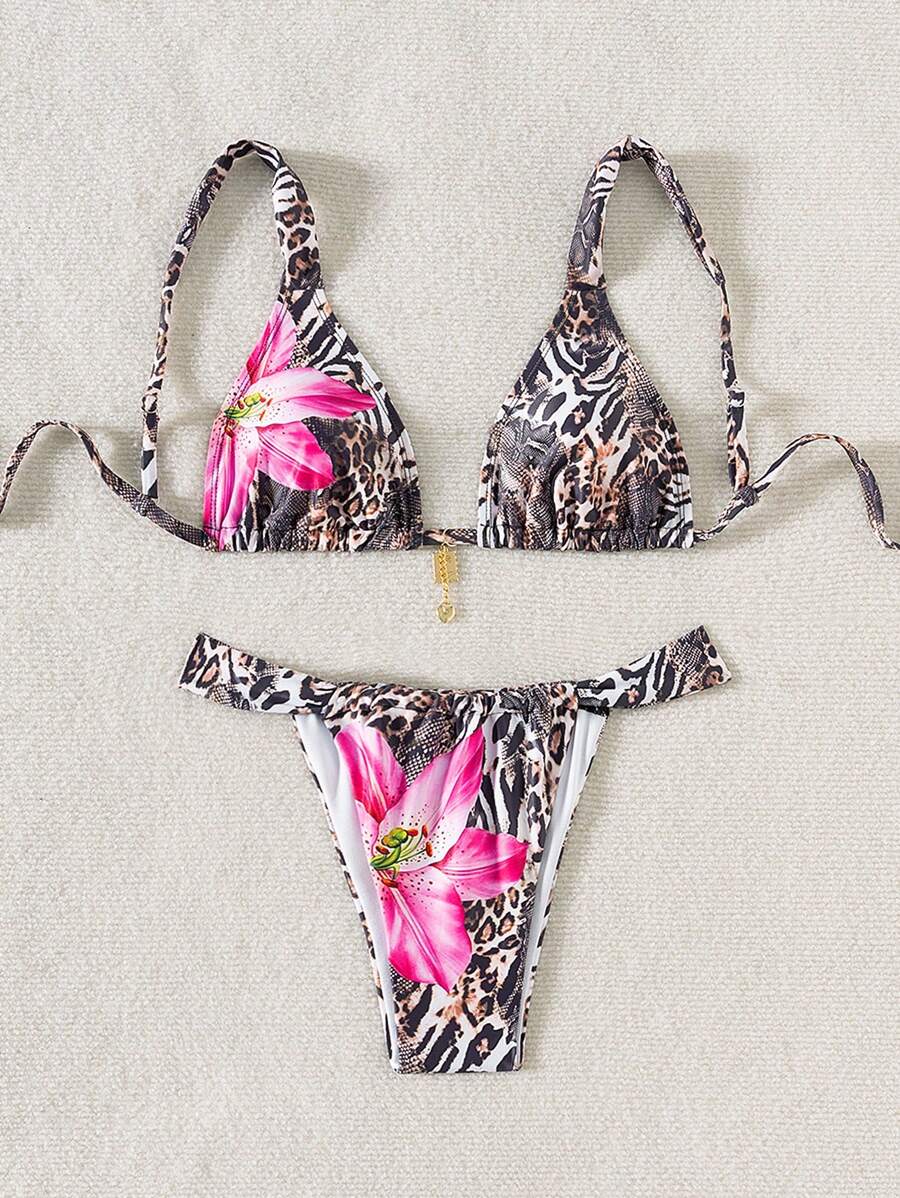 SHEIN Swim Leopard & Floral Print Triangle Cup Bikini Set For Women, For Summer Beach Vacation