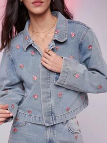 WESTFADE Spring Floral Embroidered Cropped Denim Jacket For Cowgirl