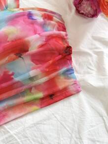 Soleia Sweet & Romantic Floral Tie-Dye Print Tied Strap Spring Top, Suitable For Summer Holiday, Date, Valentine's Day, Afternoon Tea - Multicolor - View 6