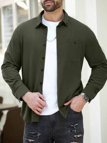 Manfinity Homme Plus Size Men's Solid Color Front Button Long Sleeve Pocket Simple Casual Shirt - Army Green - View 3