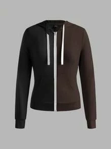 Slaydiva Herbst Lässig einfacher Kapuzenjacken schwarzer und grauer Mantel und schlanke, farblich abgestimmte Hosen Damen Zweiteiler-H