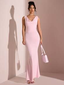SHEIN BAE 女士纯色粉色、浅粉色垂领性感露背系带开衩紧身连衣裙，适合毕业季、伴娘派对、情人节、生日、返校 - 粉色 - 查看 3