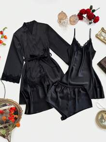 四件套睡衣：刺绣滚边V领仿丝吊带裙、吊带背心、短裤和系带睡袍，秋冬服装