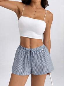 SHEIN PETITE Quần short cạp trễ kẻ sọc cho kỳ nghỉ hè trên bãi biển - Màu xanh hải quân - Xem 3