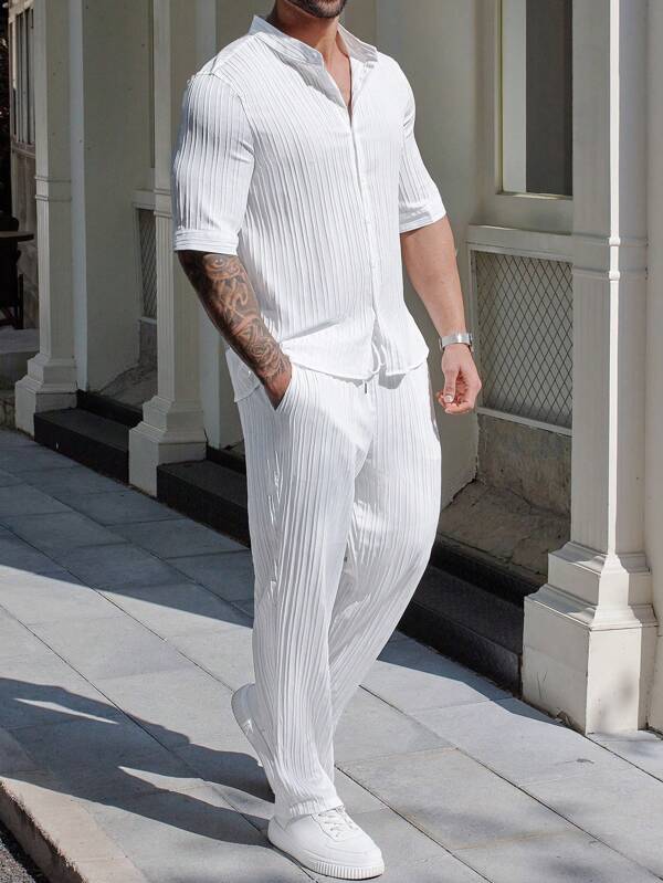 Manfinity Homme Plus Size Men 2 Pieces Set, Simple Fashion Casual Shirt With Pants For Daily Wear