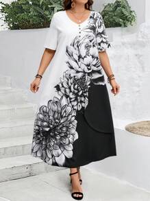 EMERY ROSE Plus Size Women Summer Floral Print Short Sleeve Boho Black And White Long Dress,Summer Dress,Vacation Outfits Woman - Black and White - View 4