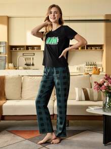 CoupledUp Women Round Neck Short Sleeve Simple Top And Long Pants Pajama Set - Black - View 7