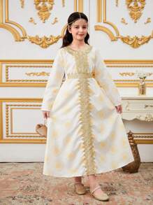 Girls' Traditional Elegant Gold Sunflower Floral Trim Collar & Belt Round Neck Long Sleeve Dress, Suitable For Outings & Gatherings - White - View 1