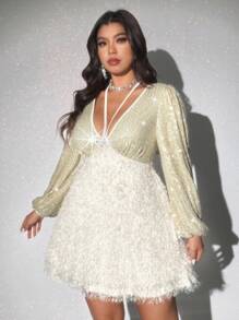 SHEIN Unity V-Neck Sequin Patchwork Fluffy A-Line Elegant Dress, Suitable For Daily Wear And Parties Fall Cloth For Women - Apricot - View 5