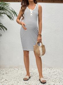 SHEIN 女士条纹休闲圆领无袖半拉链孕妇针织吊带连衣裙，适合休闲约会、夏季 - 黑與白 - 查看 5