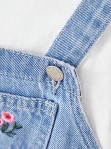 SHEIN Váy yếm denim xanh thêu hoa cho bé gái, váy hoa đồng quê cho bé gái, trang phục lễ hội đi biển cho bé gái - Rửa nhẹ - Xem 8