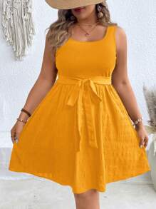 SHEIN VCAY Plus Size Curve Summer Sundress Yellow Sleeveless Tie-Waist,Vacation Outfits Woman - Yellow - View 6