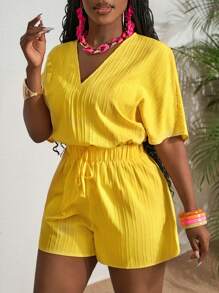 Slaydiva 春夏新款休闲度假优雅基础款V领插肩袖收腰A字短裤黄色波浪条梭织女式连体裤 - 黃色 - 查看 4