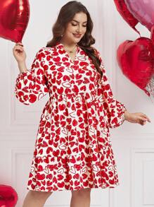 SHEIN Clasi Frühlings-/Sommerkombinationen für Frauen, elegantes A-Linien-Kleid in Große Größen mit Herz-Muster, perfekt für Valentinstag-Outfit