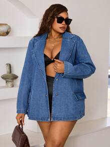 SHEIN SXY 大码女式牛仔夹克，采用独特翻领设计，无弹性，蓝色