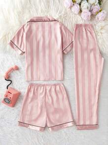 Genkimix Kids 3pcs/Set Girls Casual Watermelon Print Striped Short Sleeve Cardigan, Shorts And Pants, Coordinated Loungewear