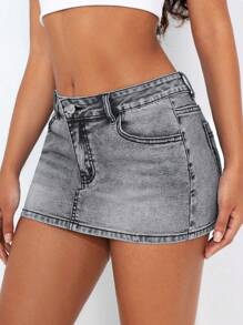SHEIN EZwear Casual Distressed Skinny Mini Denim Skirt - Light Grey - View 4