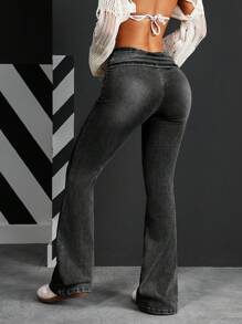 SHEIN PETITE 休闲复古洗水修身喇叭牛仔裤