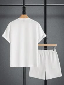 Manfinity Homme Men's Solid Color Short Sleeve T-Shirt And Shorts Set, Minimalist Casual Everyday Wear - White - View 2