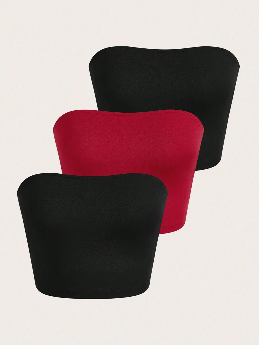 SHEIN LUNE 女士纯色抹胸上衣，简约合身，休闲日常穿着 - 彩色 - 查看 1