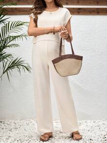 SHEIN 2pcs Maternity Casual Solid Color Short Sleeve Pants Set - Beige - View 6
