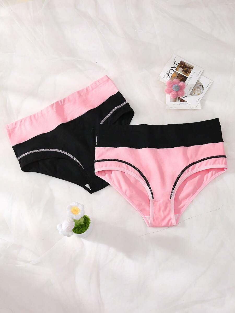 2PCS Cotton Soft Comfy Daily Wear Teen Girl Briefs Black Pink Campus - Multicolor - View 1
