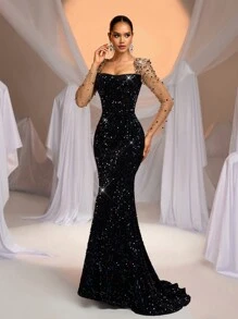 Glamrae فستان ماكسي من الفيلكرو الرائق مطرز باللؤلؤ لامع نصف شفاف أكمام طويلة مناسب للزفاف والحفلات والسهرات والأعياد والسهرات الراقية (بطراز التطريز الثقيل)، فستان حفلة، رقصة، رسمي، سهرة، حفل زفاف - الأسود - مشاهدة 8