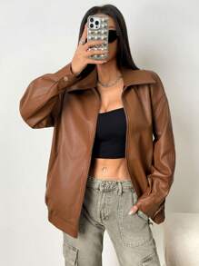 Muchica Women's Plain Color Zip-Up Jacket, Simple And Fashionable For Casual Daily Wear - Chocolate Brown - View 1