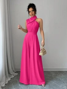 Firerie Women's Apricot Collarless Sleeveless Wide Leg Jumpsuit - Hot Pink - View 6