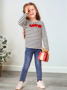 SHEIN Young Girl Fall/Winter Christmas Letter And Heart Pattern Striped Cute Tee - Black and White - View 5