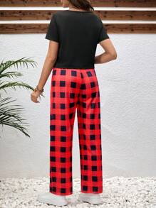 SHEIN 2pcs Maternity Red & Black Plaid Short Sleeve Casual Lounge Wear Set, Suitable For Spring/Summer - Multicolor - View 3