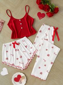 女士 3 件套心形印花吊带背心和裤子睡衣套装，情人节服装 - 彩色 - 查看 1