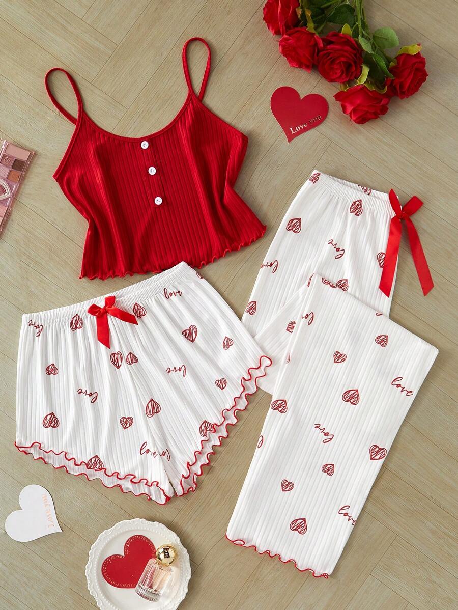 女士 3 件套心形印花吊带背心和裤子睡衣套装，情人节服装 - 彩色 - 查看 1