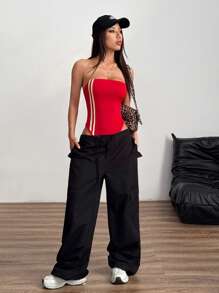 Lunelith SHEIN Lunessa Nowe wiosenno-letnie body bez ramiączek z wysokim rozcięciem i kontrastowym paskiem, sportowe, casualowe, uliczne, damskie