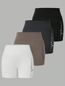 SHEIN LUNE 4pcs Set Plus Size Women High Waist Shorts, Casual Handwritten English Graphic Pattern, Suitable For Summer Suitable For Going Out Women's Sportswear