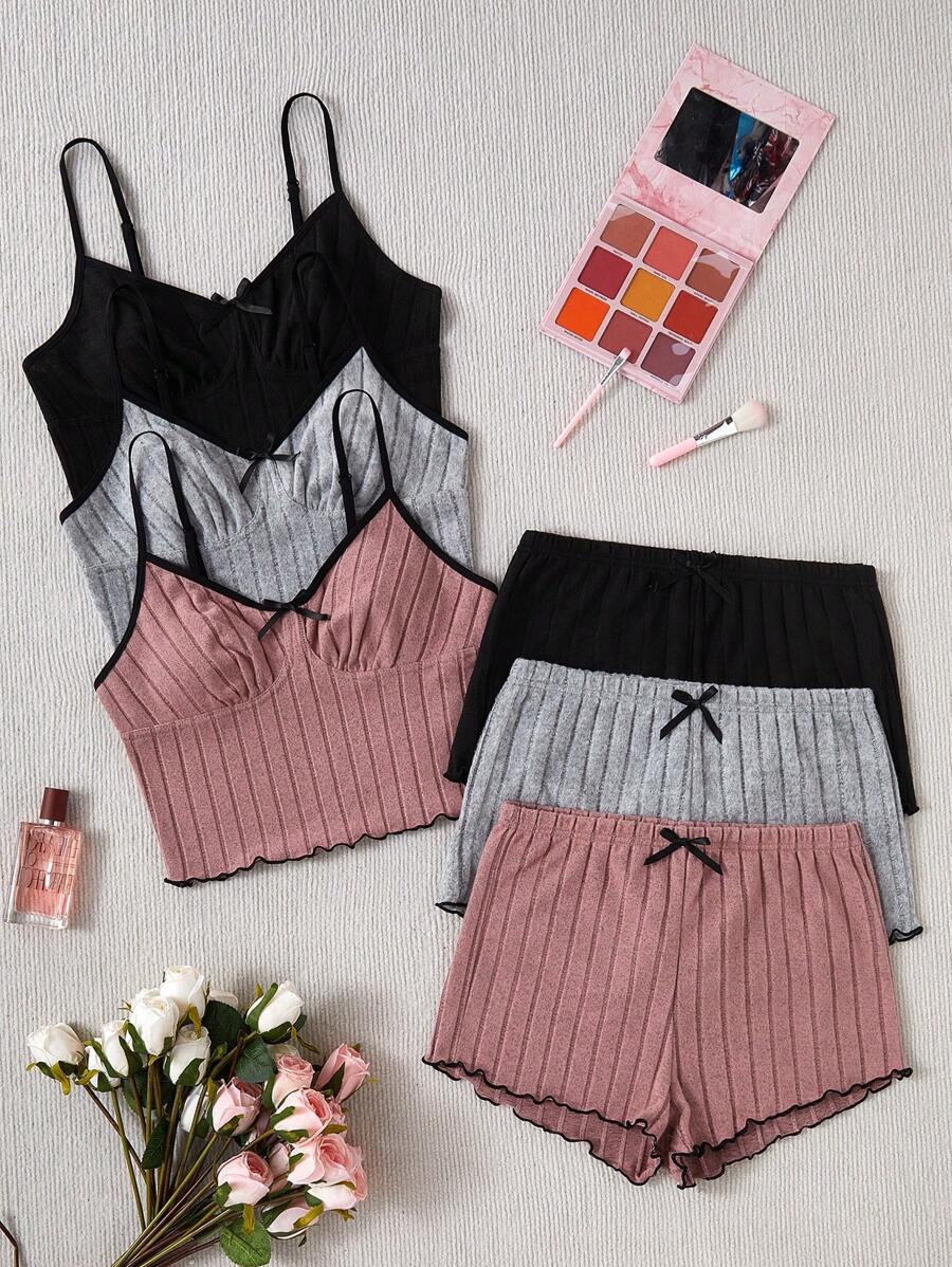 SHEIN Women's Bow Decor Spaghetti Strap Cami Top & Shorts Casual 2 Pieces Set Outfit - Multicolor - View 1