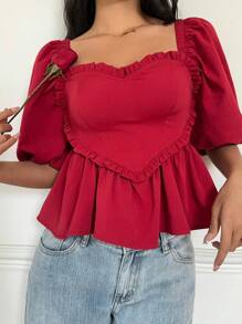 SHEIN Essnce Women's Solid Color Sweetheart Collar Short Sleeve Ruffle Hem Casual Blouse, Red Top