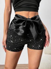 Chiquease 缎面拼接亮片面料紧身腰部蝴蝶结细节女式短裤 - 黑色 - 查看 5