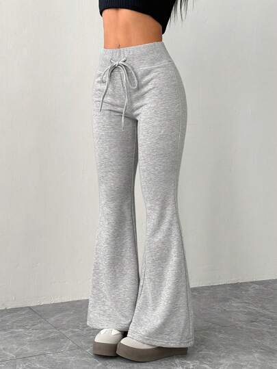 SHEIN PETITE Women's Casual Gray Knitted Elastic Waist Flared Sweatpants