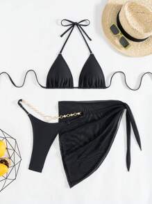 Women's Solid Color Halter Neck Triangle Bikini Bottoms With Mesh Attached Skirt 3-Piece Beach Swimwear Set, Summer - Black - View 3