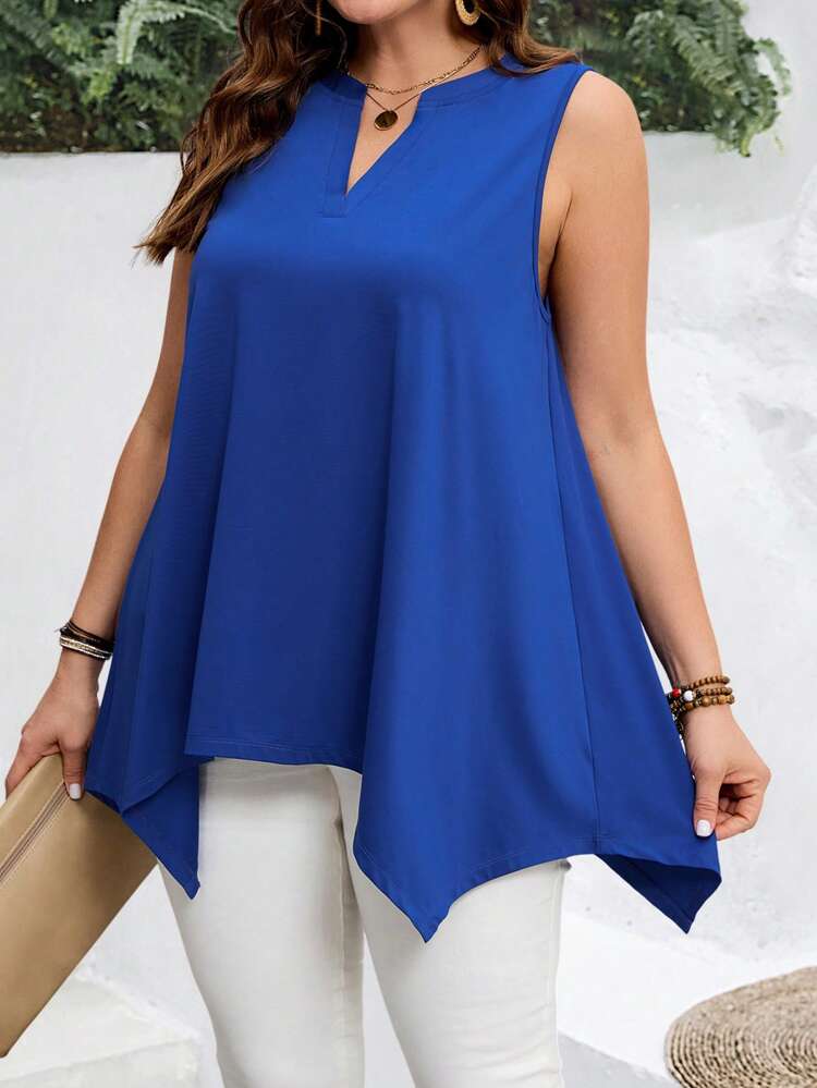 Plus Size Plain Notched-Neck Sleeveless Minimalist Top, Casual Everyday Wear,Boho For Women/Summer,Vacation