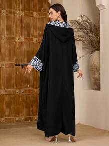Al Najma 女士优雅撞色花卉印花拼接蝙蝠袖阿拉伯长裙端庄 - 彩色 - 查看 2