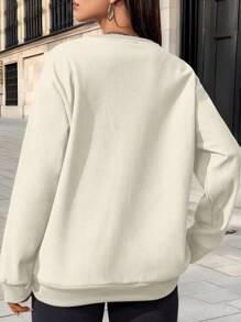 INAWLY Exquisite Bow Embroidery Loose Fit "MAMA" Embroidered Graphic Sweatshirt For Women, Autumn/Winter Pullover Fall Sweatshirt - Beige - View 2